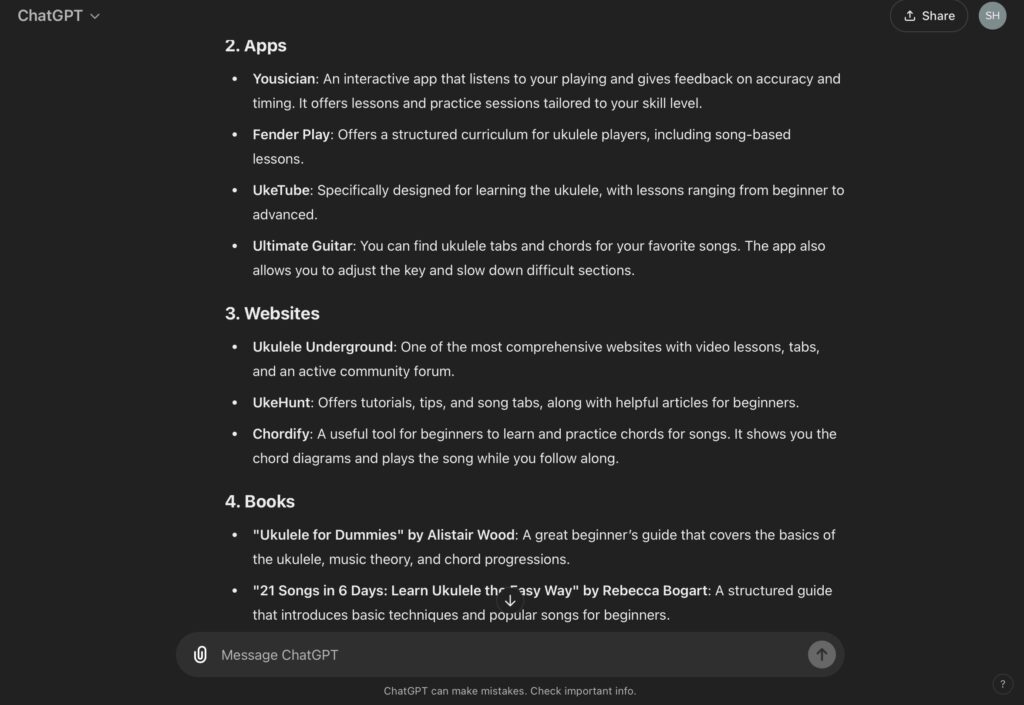 A screen shot of chat gpt, giving tips and resources to help me learn how to play the ukulele. Includes apps, websites and books.